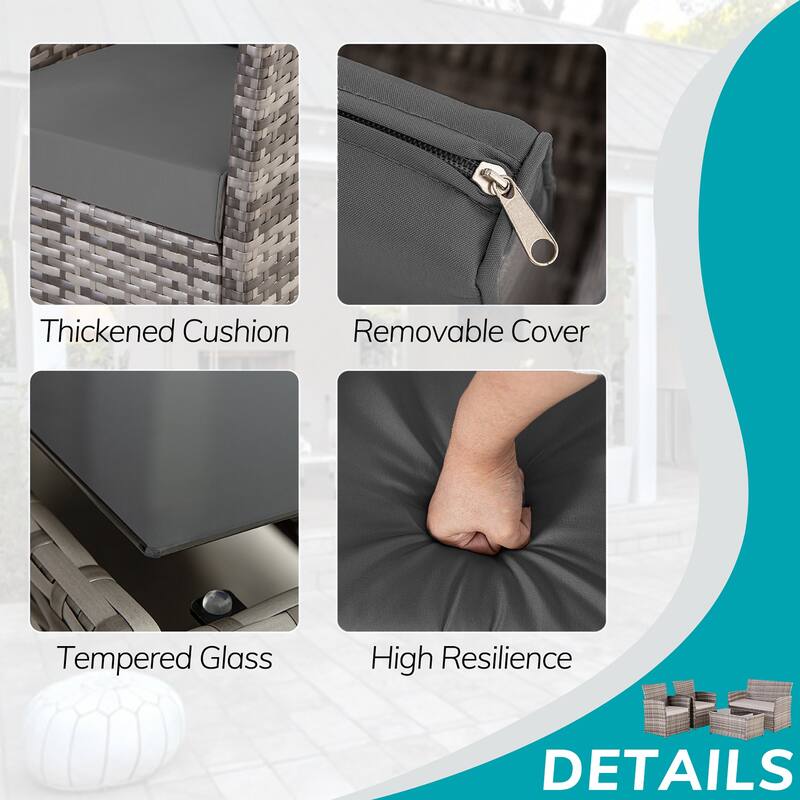 4-Piece Wicker Outdoor Sofa Set, 1 Loveseats, 2 Single Sofas, 1 Table