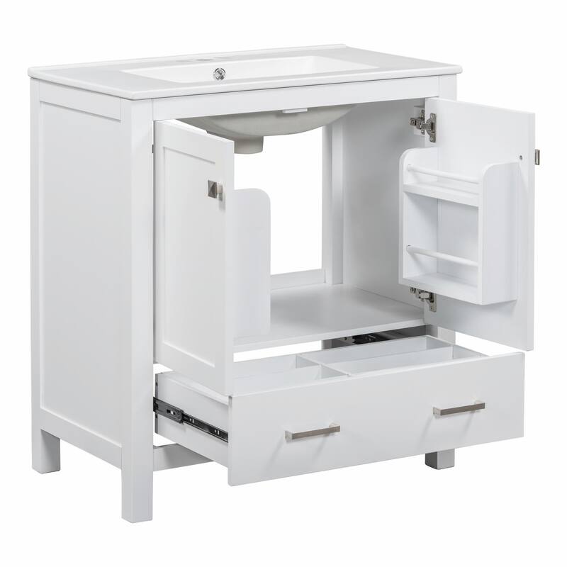 36"/30" Bathroom Vanity with Ceramic Sink, Soft-Close Doors, Double Storage Shelves & Divided Drawer