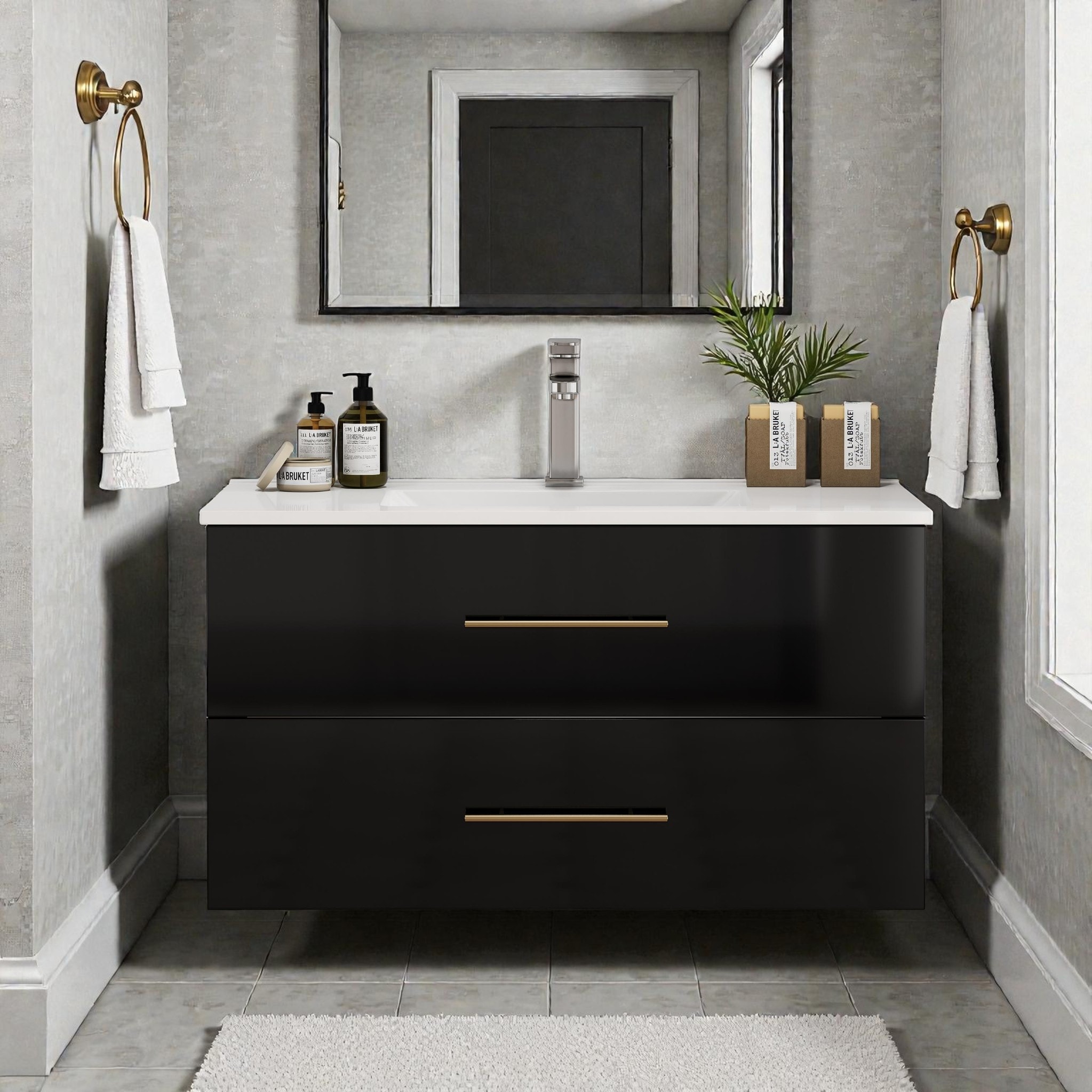 36" Gloss Wall-Mounted Bathroom Vanity with Integrated Ceramic Sink, Double Drawers & Long Gold Metal Handle