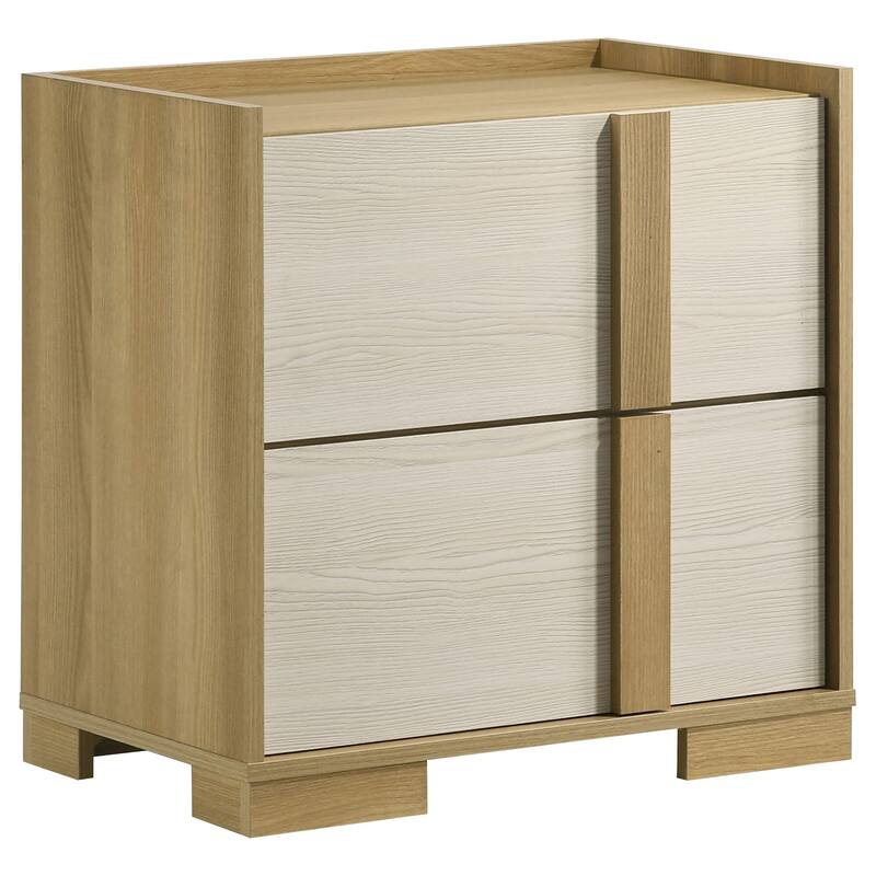 Natural Wood 2-Drawer Nightstand with White Melamine Panels