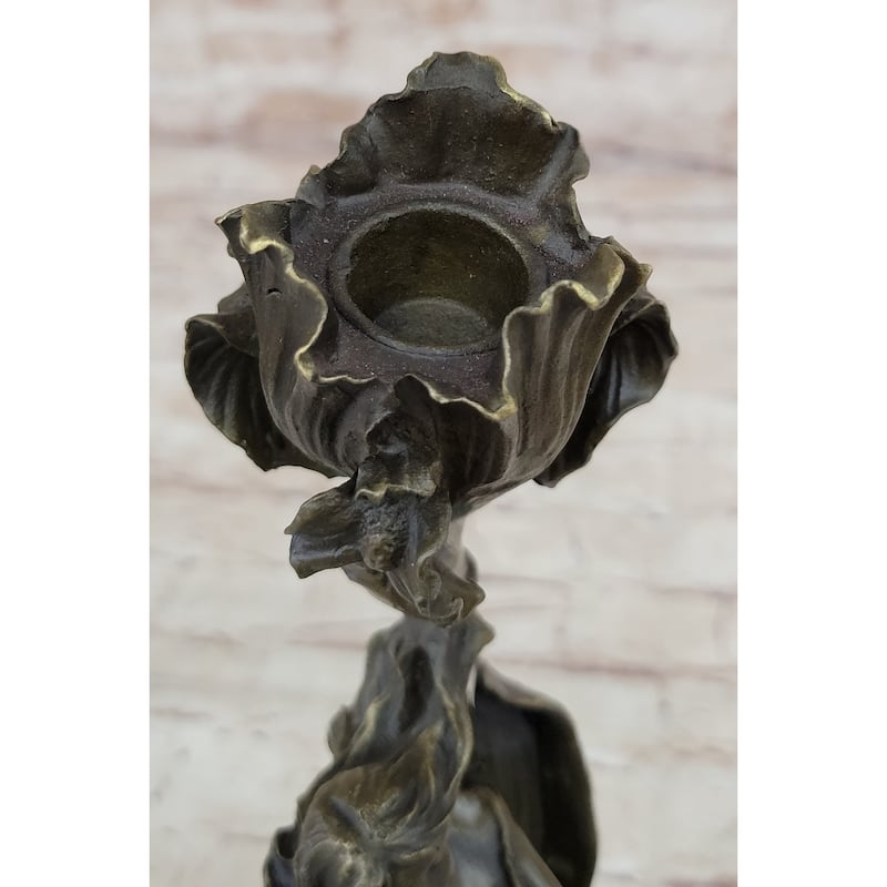 Hand Made Wood Nymph Bronze Candleholder Sculpture Hot Cast Marble Base Figure