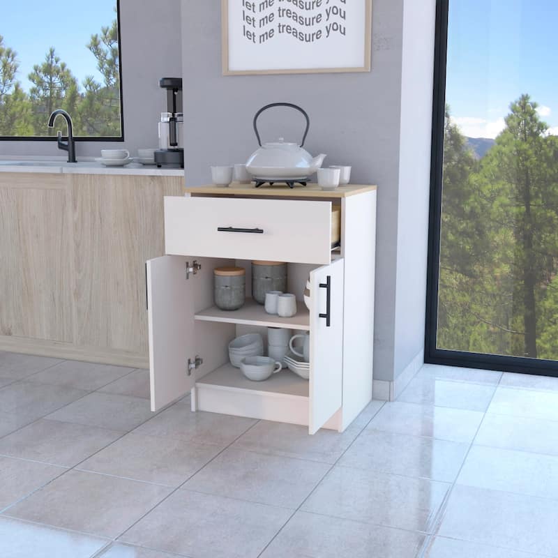 Ivory and Natural Oak 2-Door Kitchen Pantry with 1 Drawer - Oak