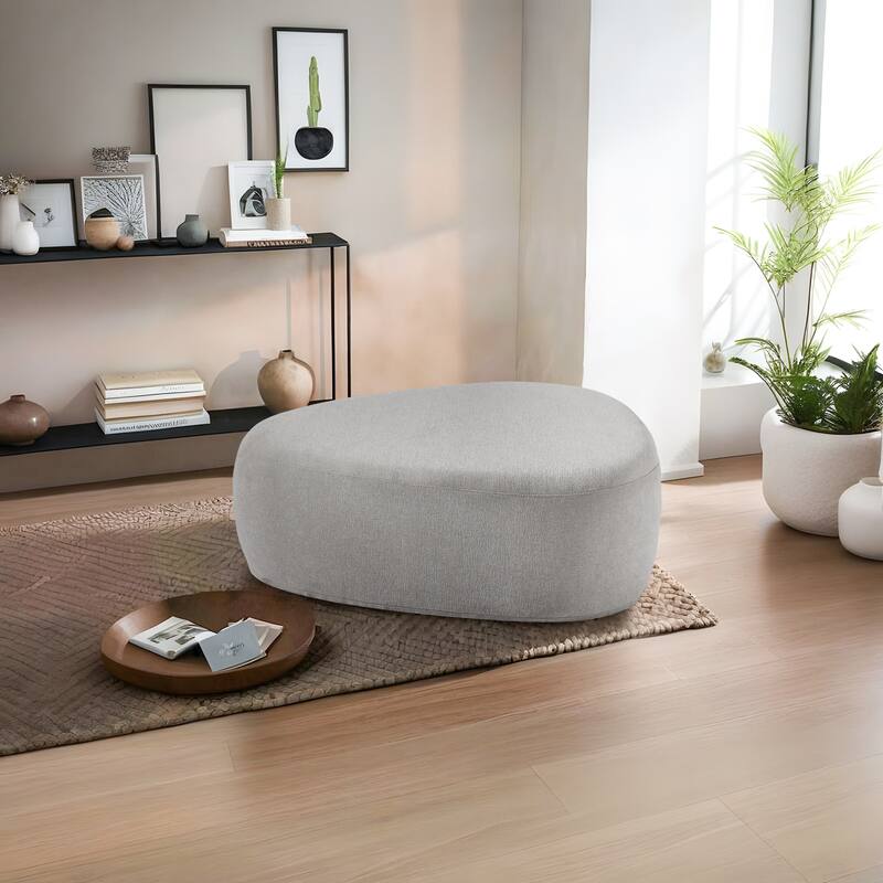 43" Rounded Triangle Upholstered Ottoman, Oversize Fabric Ottoman Footstool - Light Grey