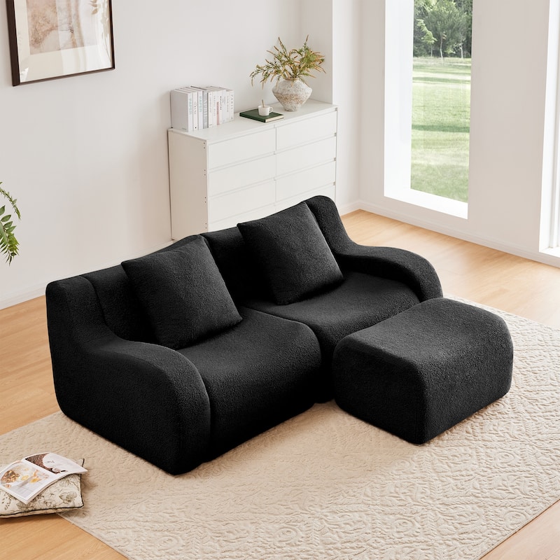 L-Shaped Teddy Fabric 2-Seat Boneless Sofa, No Assembly Required Curved Armrest, Streamlined Design Ergonomic Design