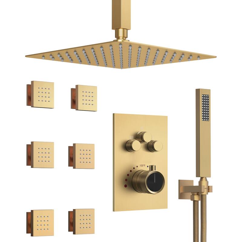 GRANDJOY Thermostatic Shower System 12 inch Ceiling Mount Shower Head 6 Body Jets Handheld Spray with Hose High Pressure - Brushed Gold