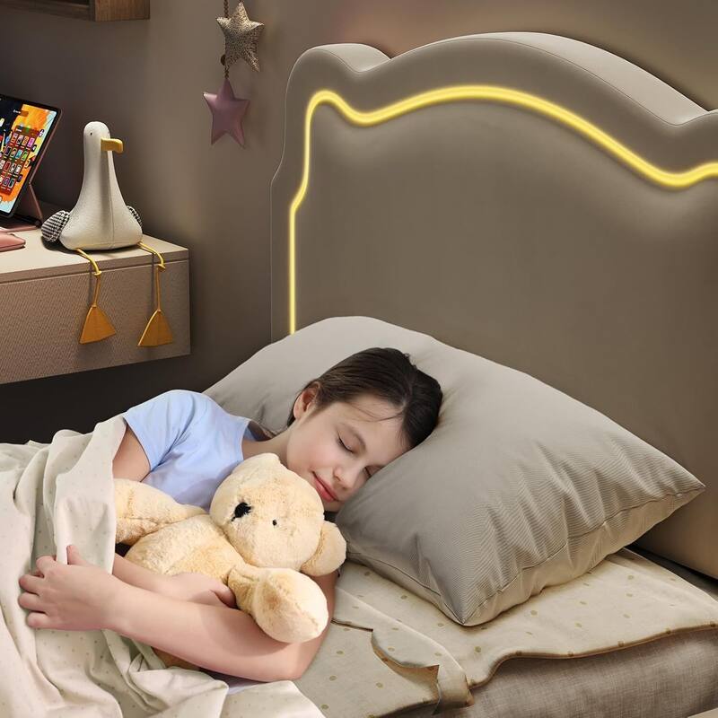 Twin Size Upholstered LED Velvet Platform Bed Frame with Bear-Shaped Headboard, Storage Drawer