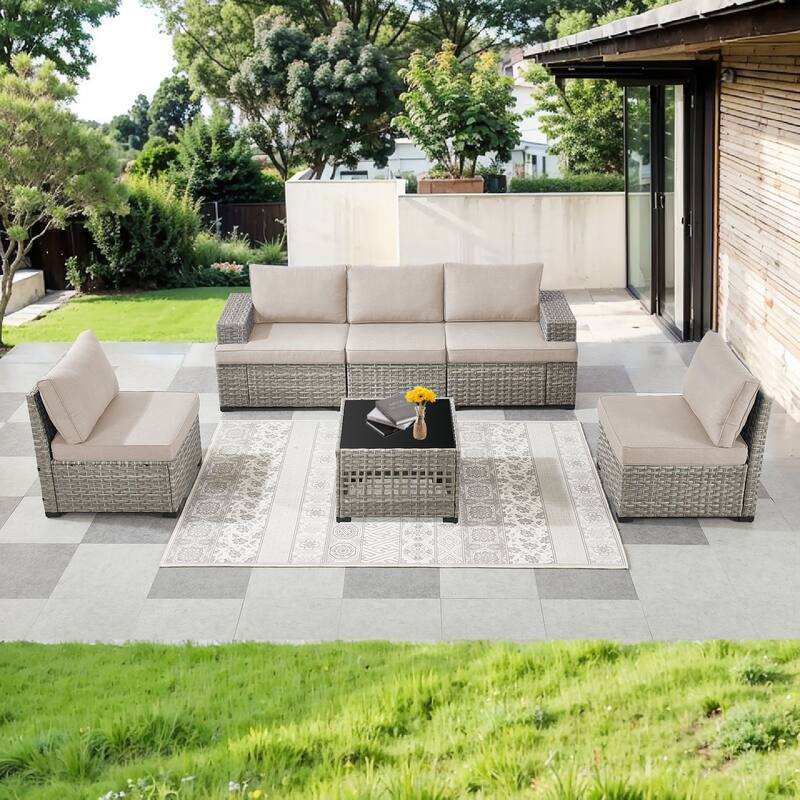 Pocassy Outdoor Sectional Sofa Patio Furniture Sets with Thickened Cushions - Beige Cushion - Sofa with Coffee Table Combination 3