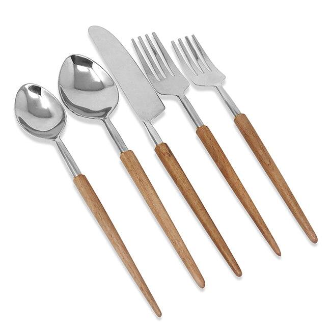 Service for 4 - 20 Pc Flatware Set with Wooden Pointy Handles