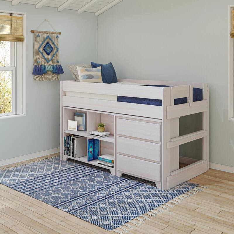 Max and Lily Farmhouse Twin Low Loft with Dresser and Bookcase - White Wash