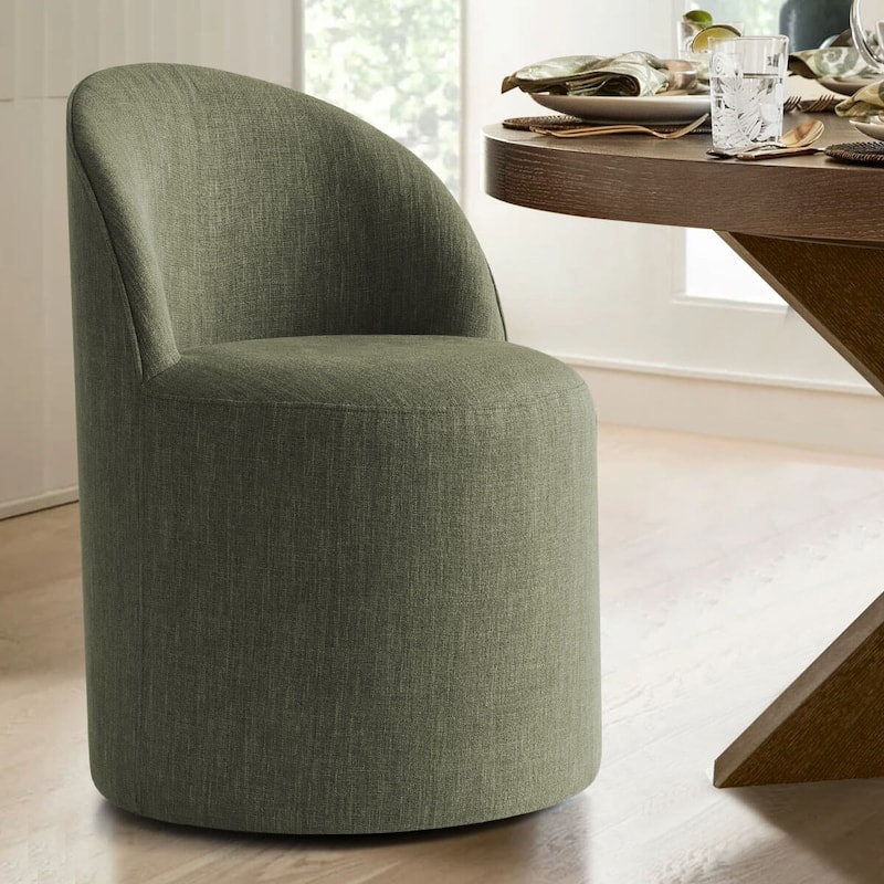 Olive Green Linen Rolling Upholstered Dining Chair with Wheels