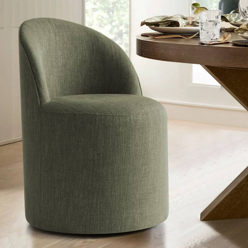 Olive Green Linen Rolling Upholstered Dining Chair with Wheels - Single