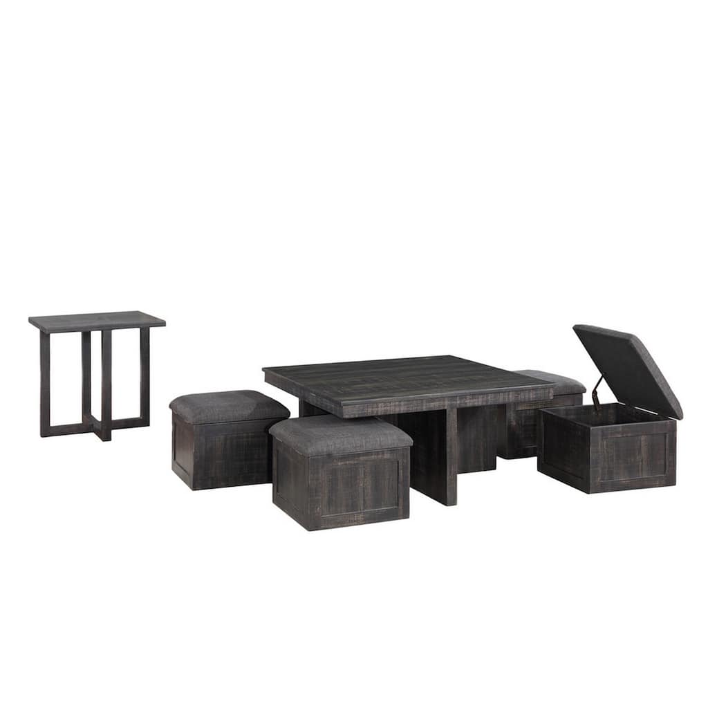 Mizo 5 Piece Coffee Table Set, 4 Nesting Storage Ottomans, Gray Oak Finish