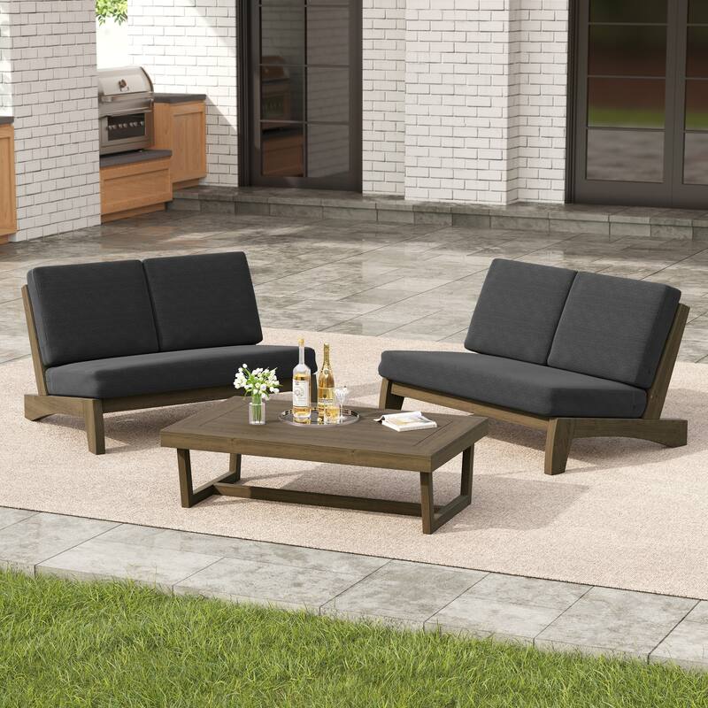 Outdoor Acacia Wood 3 Piece All Weather Conversation Set - Dark Grey