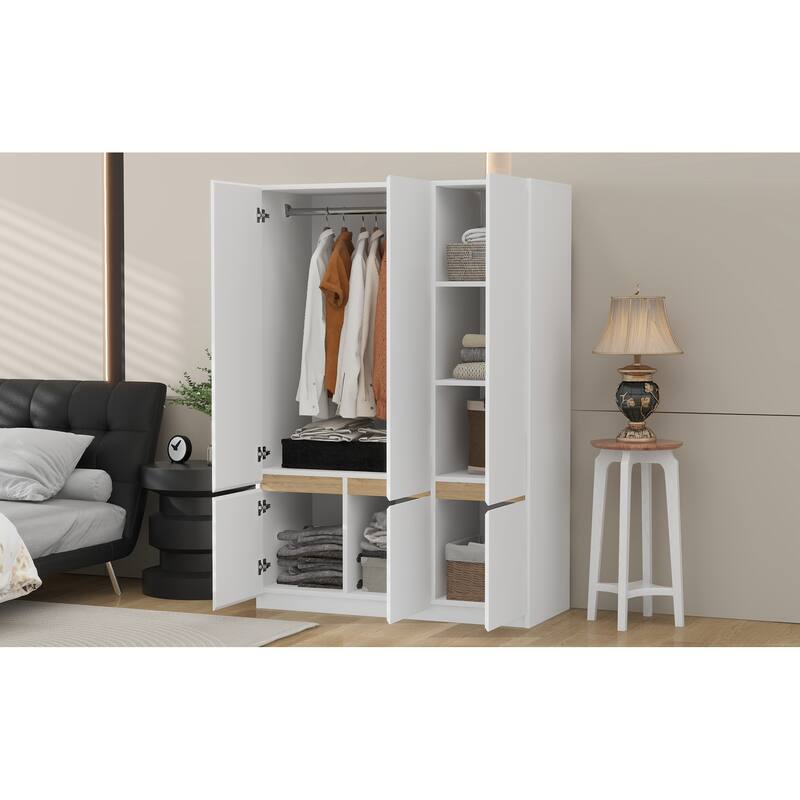 6-Doors Wooden Wardrobe Storage Armoire with Built-in Hanging Rail Clothes Storage Cabinet for Bedroom