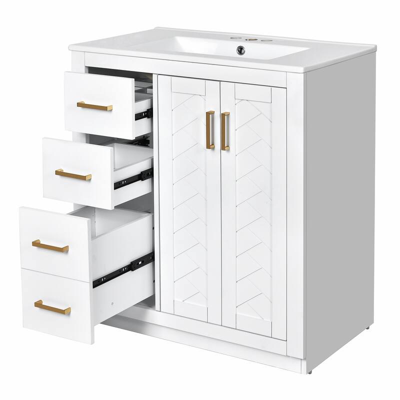 Anmytek 30 Inch Freestanding Bathroom Vanity with Ceramic Sink, Solid Wood Frame, 3 Drawers and Soft Closing Doors