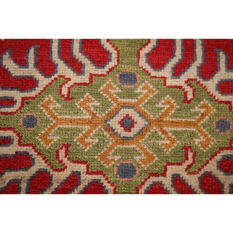 Red Geometric Kazak Foyer Rug Hand-Knotted Oriental Wool Carpet - 2'9" x 4'0"