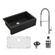 preview thumbnail 1 of 8, Karran All-in-One Farmhouse/Apron-Front Quartz 34 in. Single Bowl Kitchen Sink in Black with Faucet KKF220 in Stainless Steel