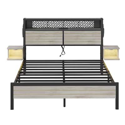 Bestier Bed Frame with Horizontal Golden Stripe Storage Headboard&LED Nightstands, Metal Platform Bed with Charging Station