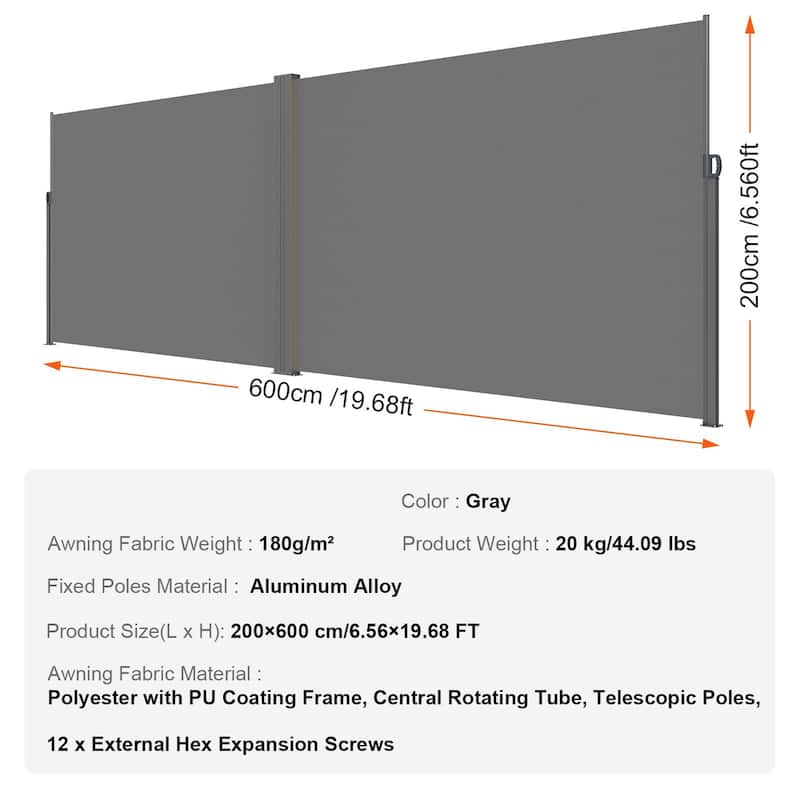 79''x 236'' Grey Polyester Retractable Side Awning Outdoor Privacy Screen with Spring Handle