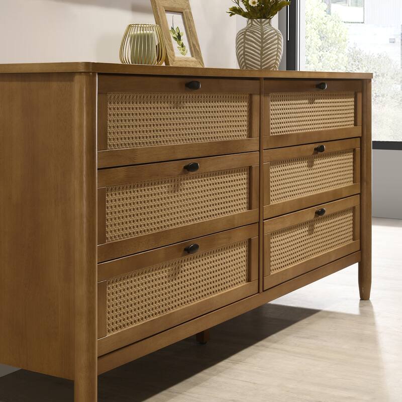 Vichy 4-Piece Rubberwood Bedroom Set with Textured Polyester Upholstered Queen Bed, Dresser, Mirror, and Nightstand