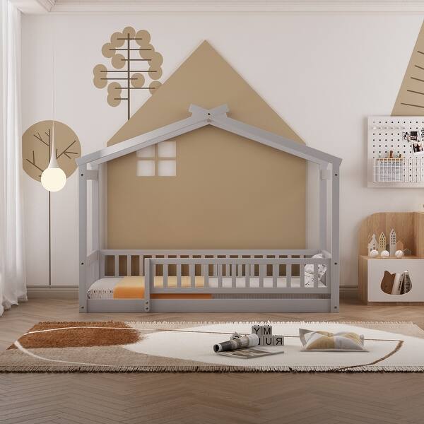 slide 2 of 26, Twin Size Wood Bed House Bed, Frame with Fence, Playhouse Design Twin Grey