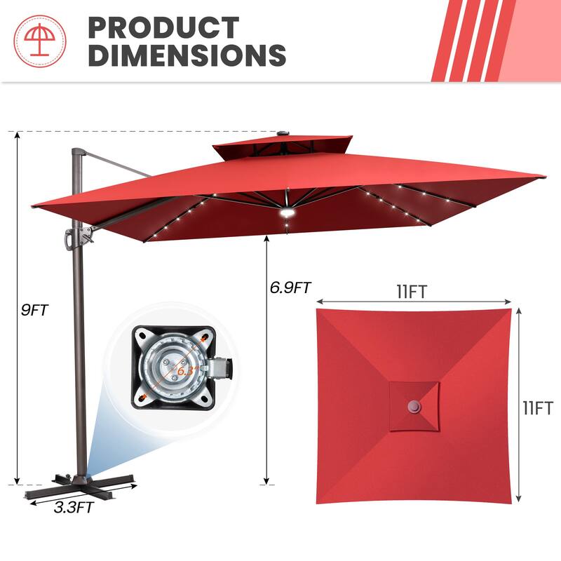 11 FT Square Outdoor Double Top Solar Powered LED Patio Cantilever Umbrella