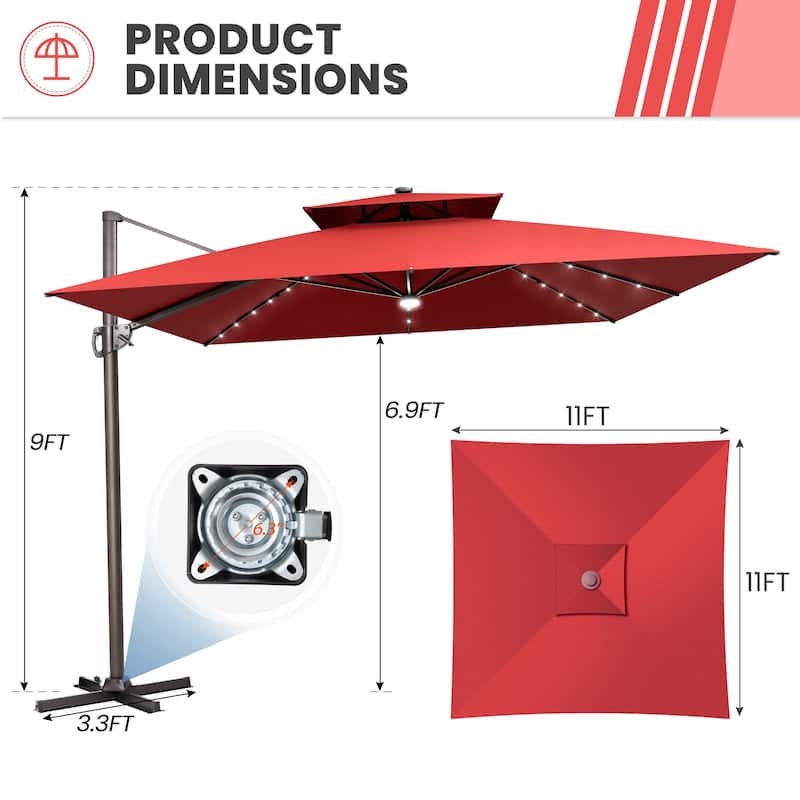 11 FT Outdoor Solar Powered LED Patio Cantilever Umbrella Double Top Square Umbrella