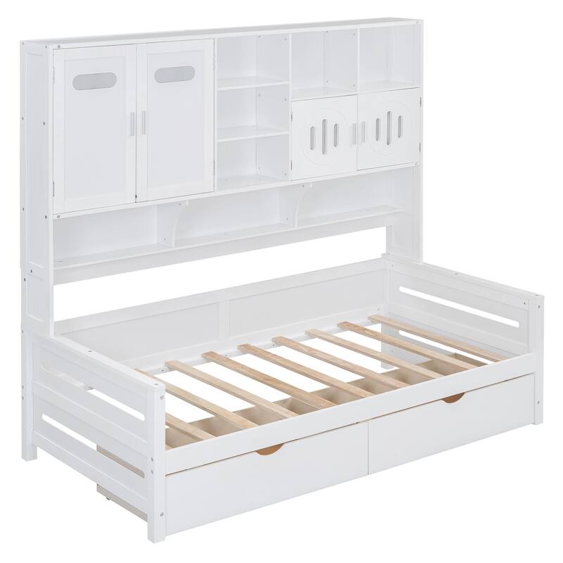 Contemporary Twin/Full Size Wooden Daybed with 2 Storage Drawers, Cabinet, and Shelf - Solid Wood Slats