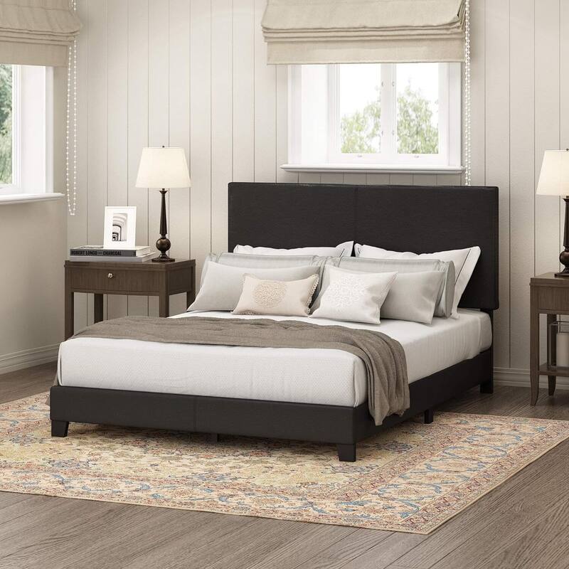 King Bed Frame Upholstered Black PU Leather Platform Bed Modern Glam Style