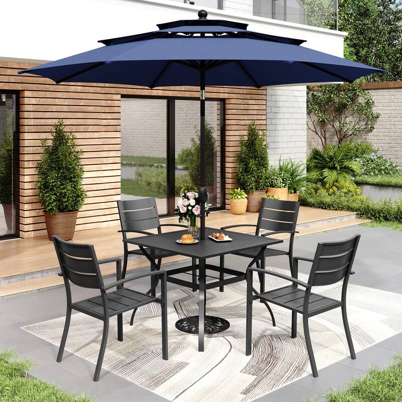 MAISON ARTS 6-Piece Outdoor Dining Set with 10ft 3 Tier Auto-tilt Umbrella, Metal Square Table & 4 Stackable Chairs - Navy Umbrella