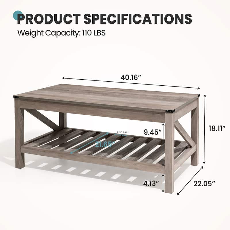 Crestlive Living Room Coffee Table with Storage Shelf, Sofa Center Table - 40.16" W x 22.05" D x 18.11" H