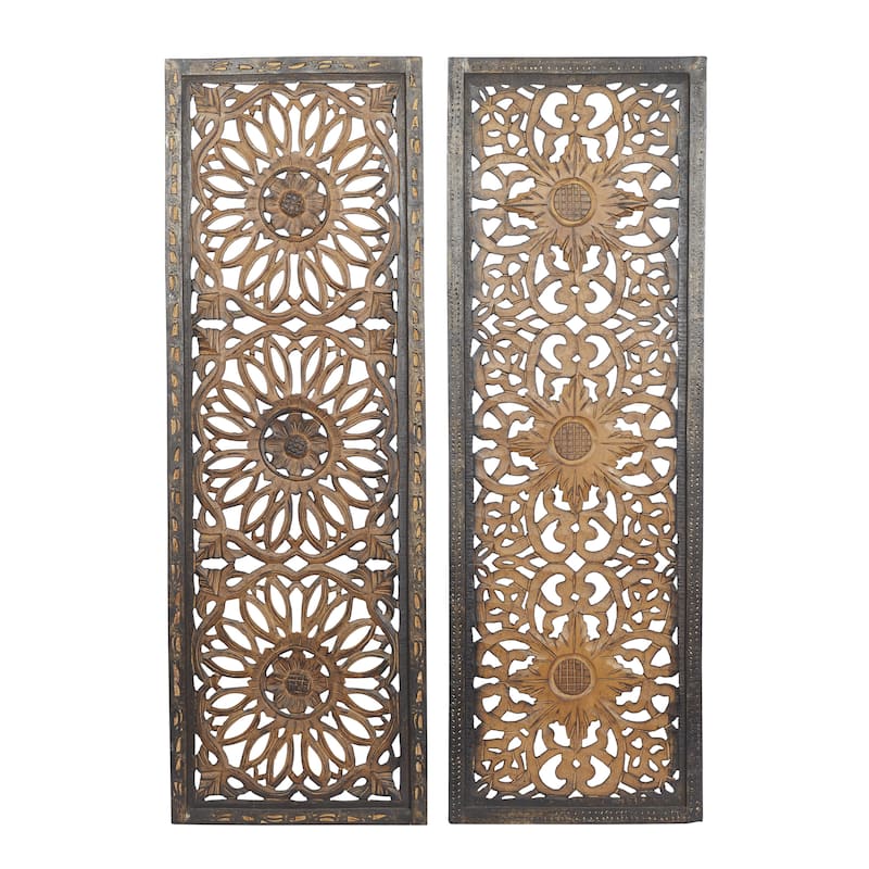 Wood Floral Handmade Intricately Carved Home Wall Decor - Set of 2 Brown - Roche River Decor - Brown - 48"H, 16"W