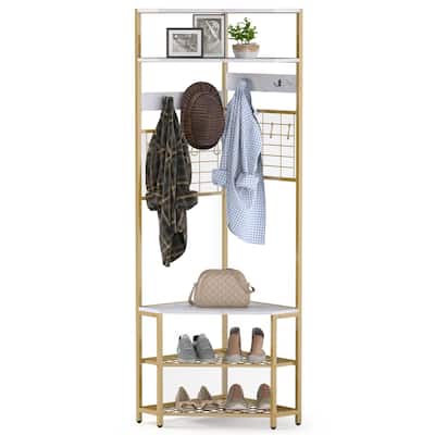 Gymax 5-Tier Corner Hall Tree w/ Shoe Storage Bench 12 Metal Hooks for