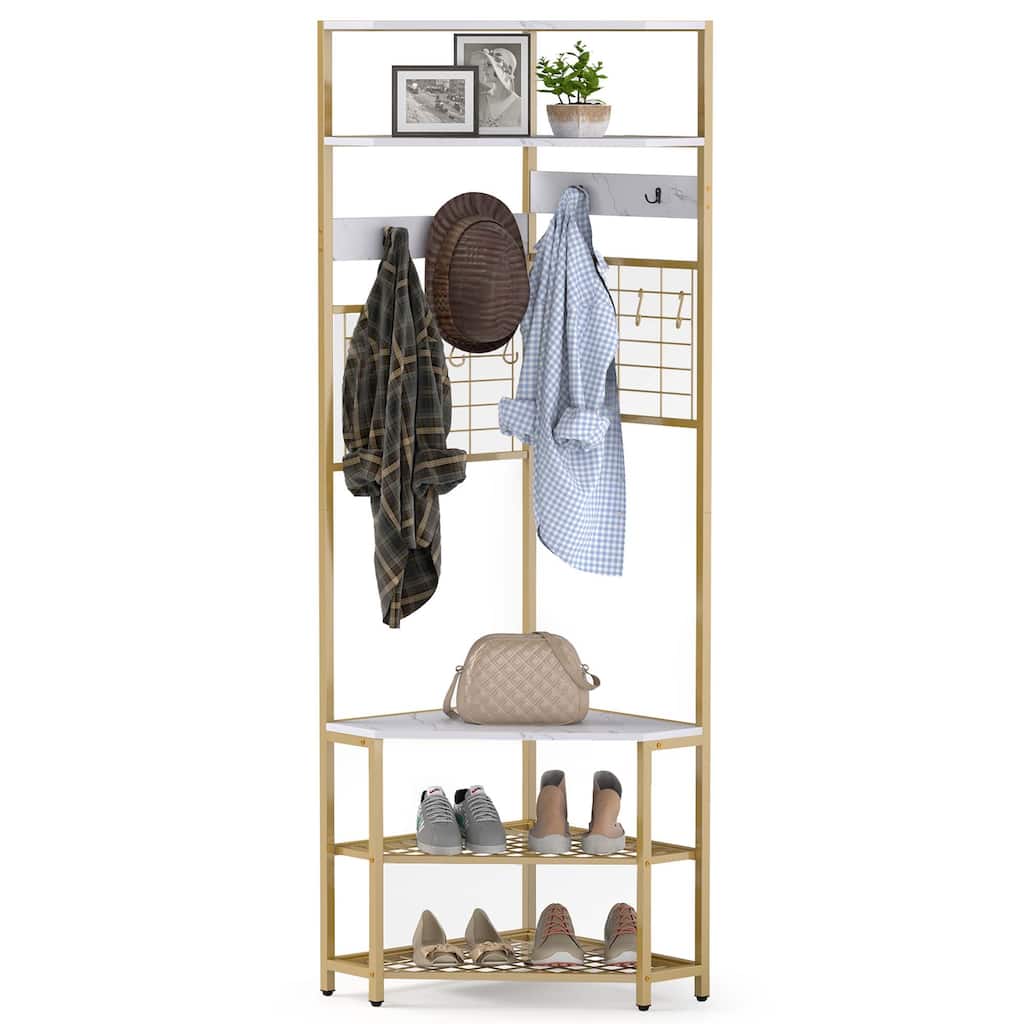 Gymax 5-Tier Corner Hall Tree w/ Shoe Storage Bench 12 Metal Hooks for