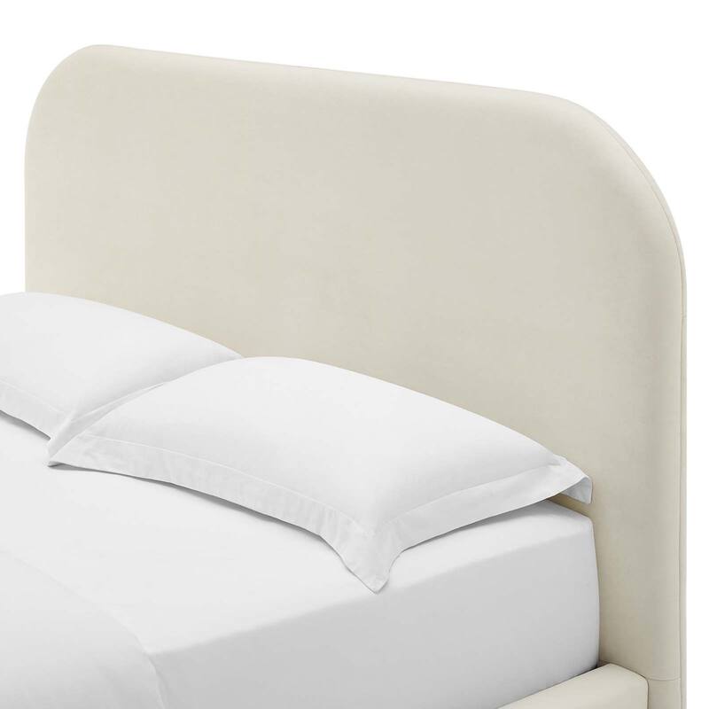Hillsway Modern Curved Headboard Off-white Velvet Upholstered Full Size Platform Bed