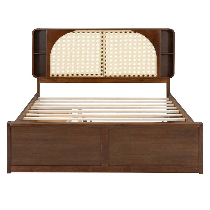Queen Size Rattan Headboard Bed with Storage Drawers and Trundle in Walnut