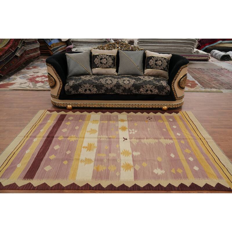 Hand Woven Oriental 100% Wool Carpet Southwestern Tribal Purples Kilim Area Rug - 8' 9'' X 5' 8''