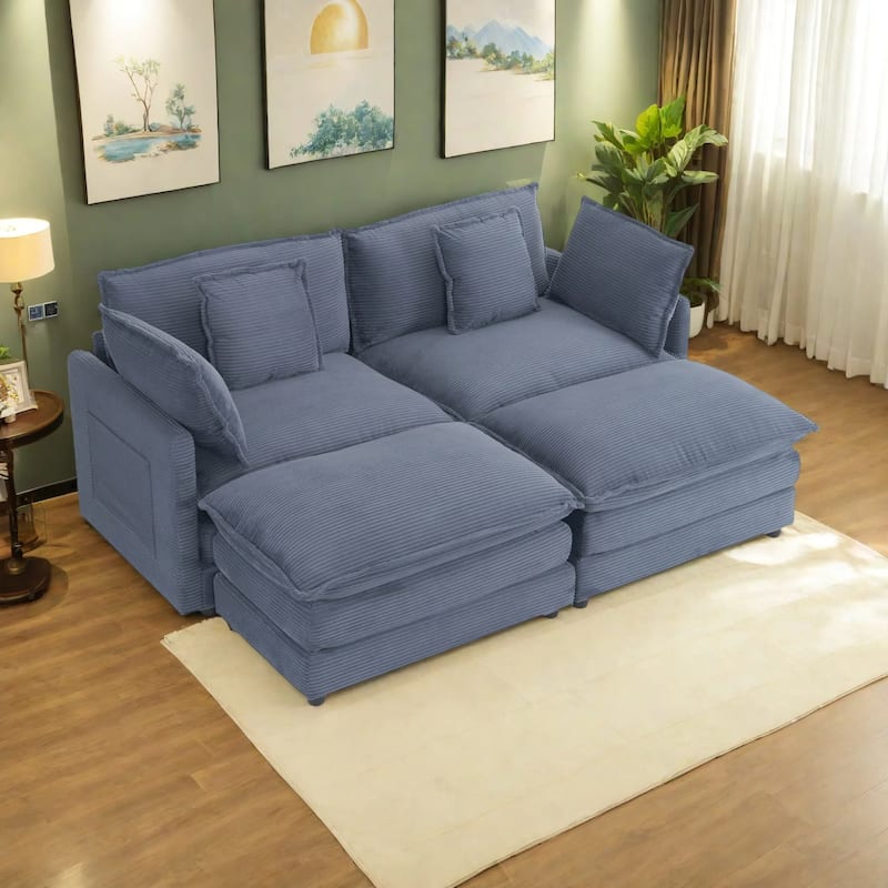 75.6" Corduroy Upholstered Modular Sleeper Sectional Sofa with Side Storage Pockets