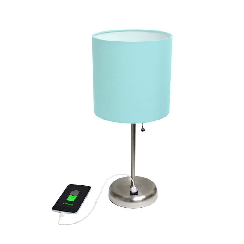 19.5" USB Port Feature Metal Lamp in Steel w Aqua Shade