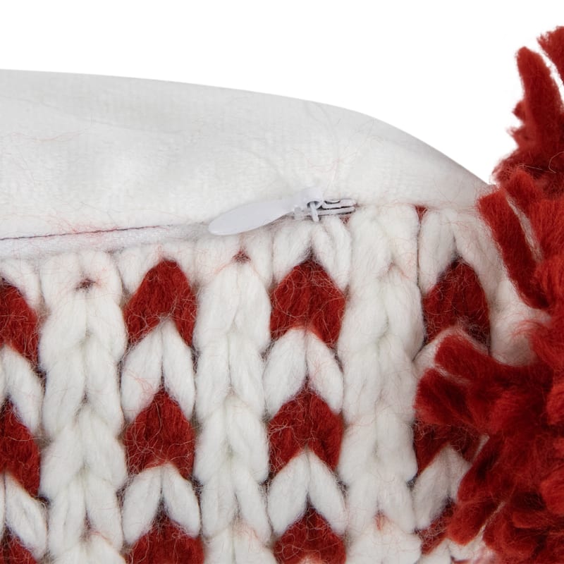 19.5" White and Red Knitted Rectangular Throw Pillow with Pom Poms