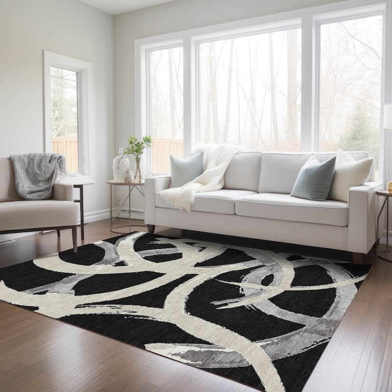 Machine Washable Indoor/ Outdoor Abstract Contemporary Chantille Rug