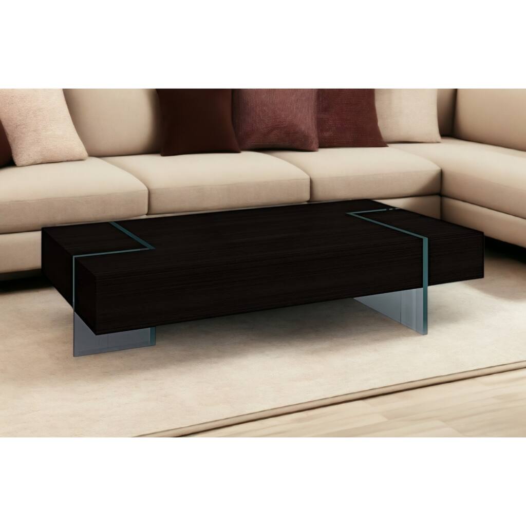 HomeRoots 53" Black And Clear Wood And Glass Sled Coffee Table - 53' X '12' X '28