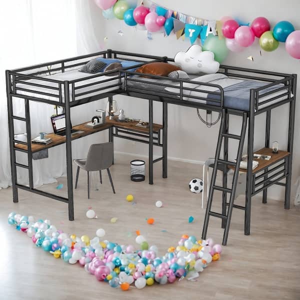 slide 2 of 13, Metal 2 Beds In 1 Twin Size Loft Bed With Two Built-in Desks,Solid Construction Black