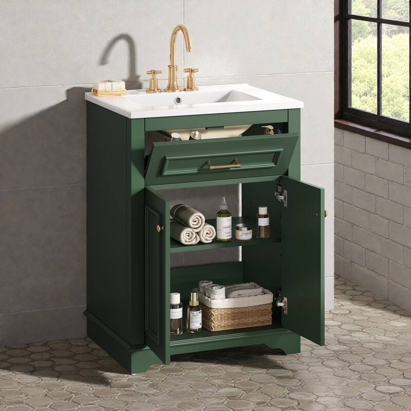 24 Inch Bathroom Vanity with Integrated Ceramic Sink, Freestanding Cabinet with Tip-Out Drawer, Small Space Vanity