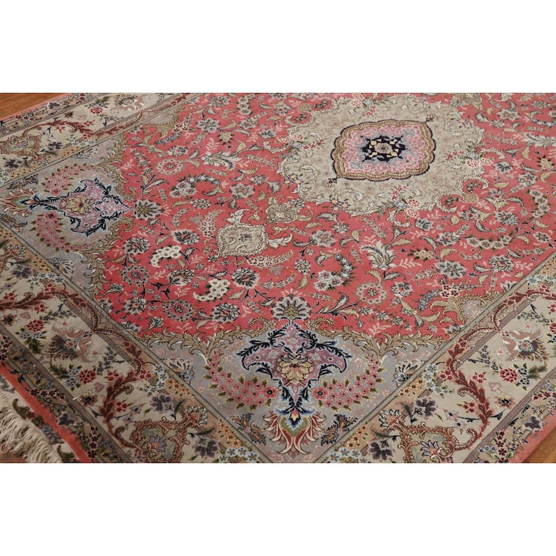 Handmade Pink Wool & Silk Tabriz Persian Area Rug Traditional Carpet - 5'0"x 7'6"