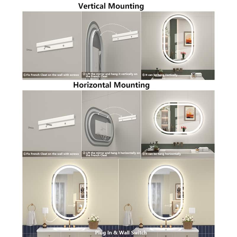 Oval Front & Back LED Lighted Anti-fog Tempered Glass Wall Bathroom Vanity Mirror, ETL Certified, 3-Year Warranty
