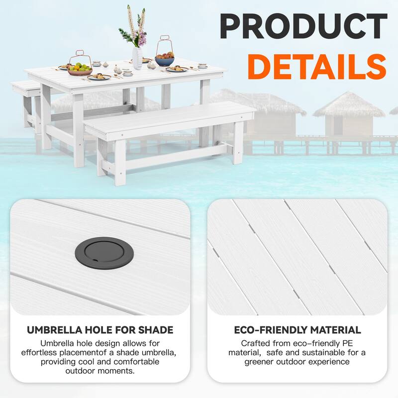 3-Piece HDPE Outdoor Dining Set with Umbrella Hole Table and Two 2-Person Benches