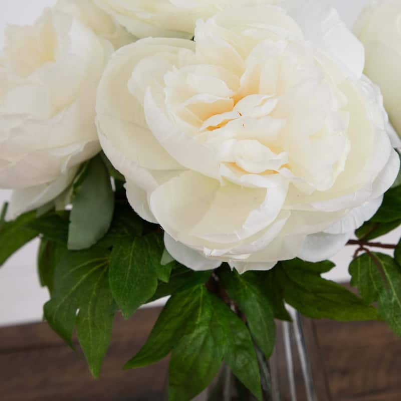 Peony Floral Arrangement with Glass Vase - 16" - White and Green