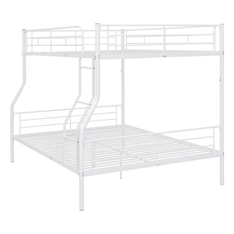 Full XL Over Queen Bunk Bed, Streamlined Iron Frame Platform Bed with Gridded Guardrails, Ladder, Split into 2 Individual Beds