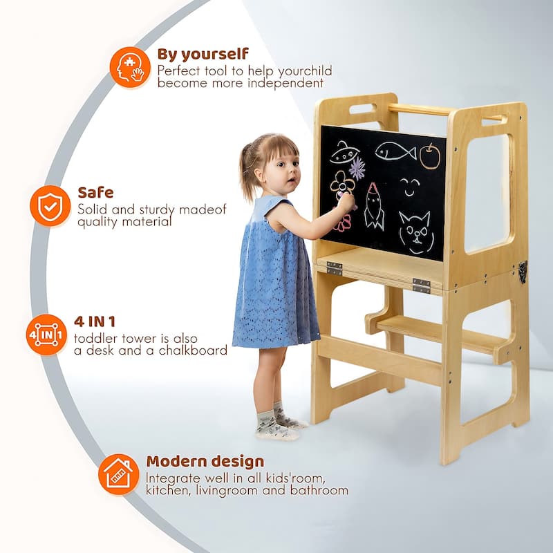 Javlergo Kitchen Kids Step Stool, Toddler Standing Tower with Chalkboard & Safety Rail, Natural - 18" x 16" x 36"